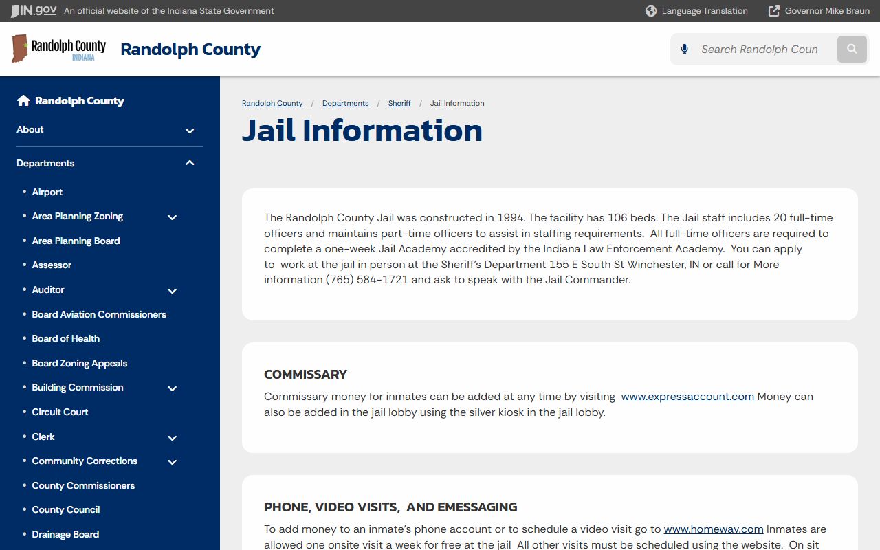 Randolph County Jail information page for inmate lookup and visitation
